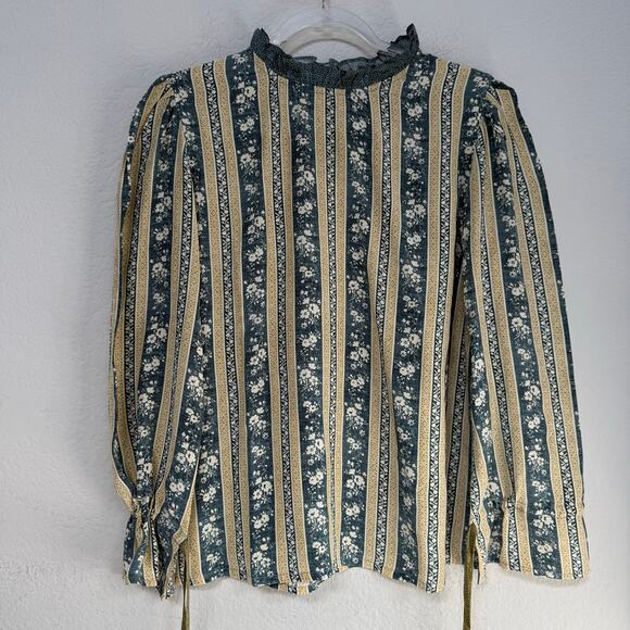 D'Ascoli Silk Striped Mock Neck Floral Long Sleeve Blouse Gray Beige Size Large - Picture 2 of 7